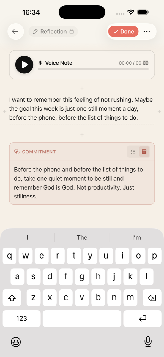 A Bible J entry with a voice note, a written reflection, and a commitment the writer wants to keep