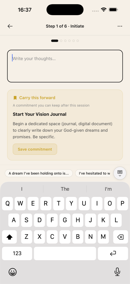 A guided session step in Bible J suggesting a commitment to carry forward, titled Start Your Vision Journal, with a save commitment button