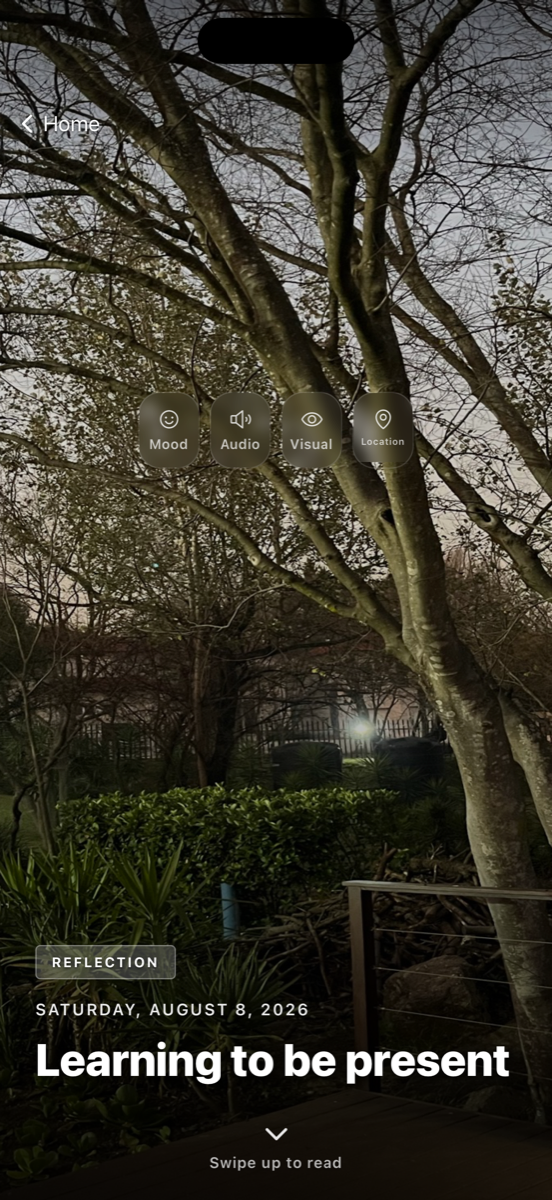 A journal entry cover in Bible J with a full-screen photo of trees at dusk, titled Learning to be present, with mood, audio, visual, and location context