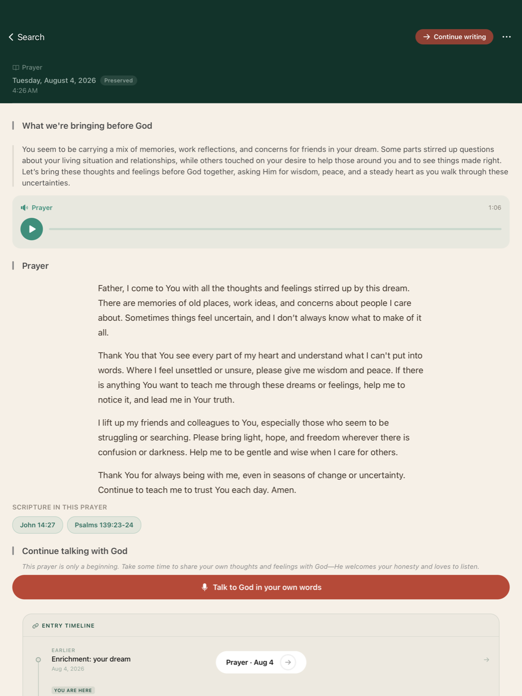 A prayer entry in Bible J with a written prayer, an audio version, and the Scripture it draws on listed underneath — John 14:27 and Psalms 139:23-24