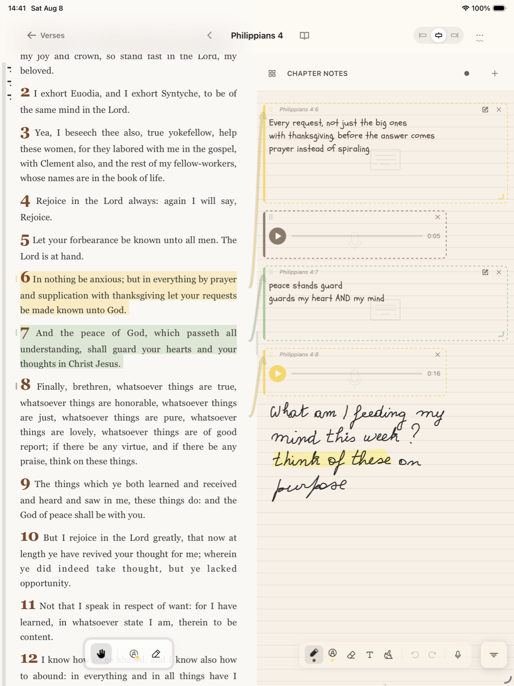 Bible J on iPad: Philippians 4 open with verses highlighted, handwritten notes and voice notes written beside each verse