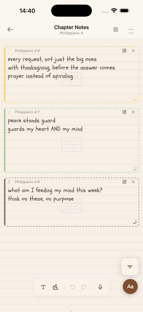 Bible J on iPad: Philippians 4 with verses 6 and 7 highlighted, chapter notes anchored to each verse holding handwritten reflections and voice notes