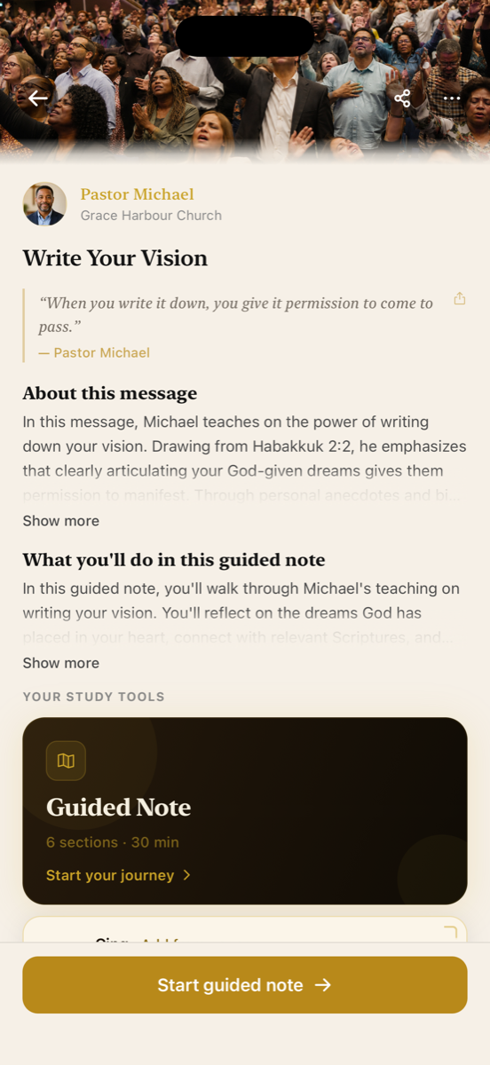 A shared sermon in Bible J titled Write Your Vision from Pastor Michael, with the message summary and a guided note to work through