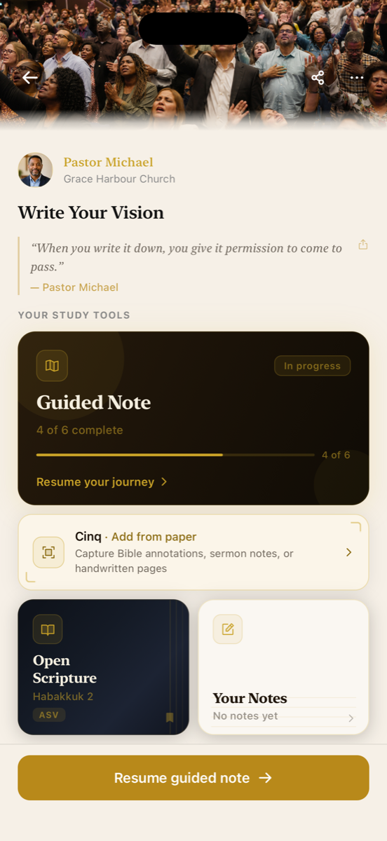 Study tools for the same sermon in Bible J: a guided note in progress at four of six sections, capturing paper notes with Cinq, opening Habakkuk 2 in Scripture, and personal notes